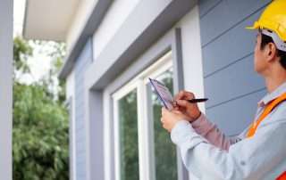 Home inspector with clipboard inspecting home exterior