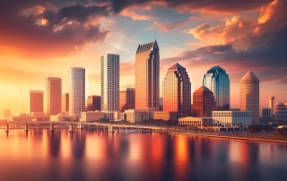 Here is the image depicting the skyline of Tampa, Florida at sunset, highlighting the city's modern skyscrapers and architectural landmarks. The scene captures the serene and picturesque atmosphere created by the sunset reflecting off the buildings and water.