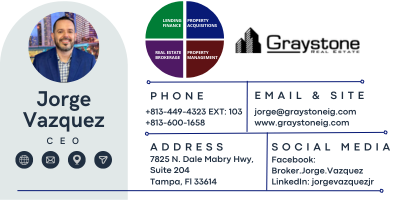 Value Statement Introducing Jorge Vazquez
Jorge Vazquez, CEO of Graystone Investment Group, brings over 20 years of real estate expertise and has completed over 3,500 transactions. Recognized in Forbes and leading Graystone to win the Best of Florida Award in 2023, Jorge's diverse experience includes 