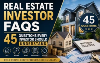 Promotional banner for real estate investing: 'Real Estate Investor FAQs' and '45 Questions', with houses, coins, and a strategy notebook.