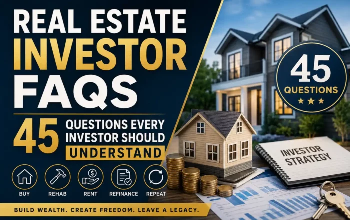 Promotional banner for real estate investing: 'Real Estate Investor FAQs' and '45 Questions', with houses, coins, and a strategy notebook.
