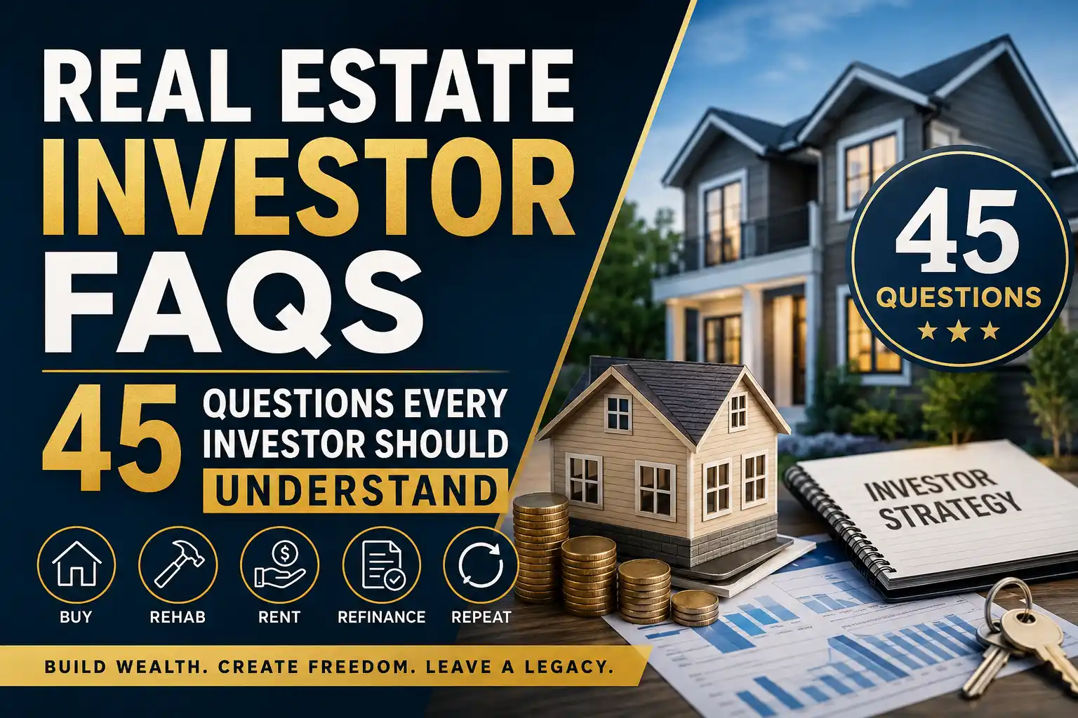 Promotional banner for real estate investing: 'Real Estate Investor FAQs' and '45 Questions', with houses, coins, and a strategy notebook.