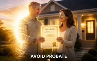 Happy couple stands in front of their home, smiling and holding a glowing framed title deed as a banner reads 'Avoid Probate'.
