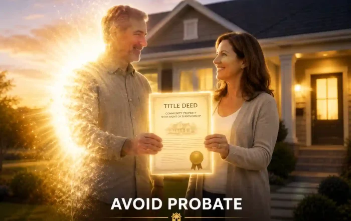 - Graystone Investment Group Happy couple stands in front of their home, smiling and holding a glowing framed title deed as a banner reads 'Avoid Probate'.