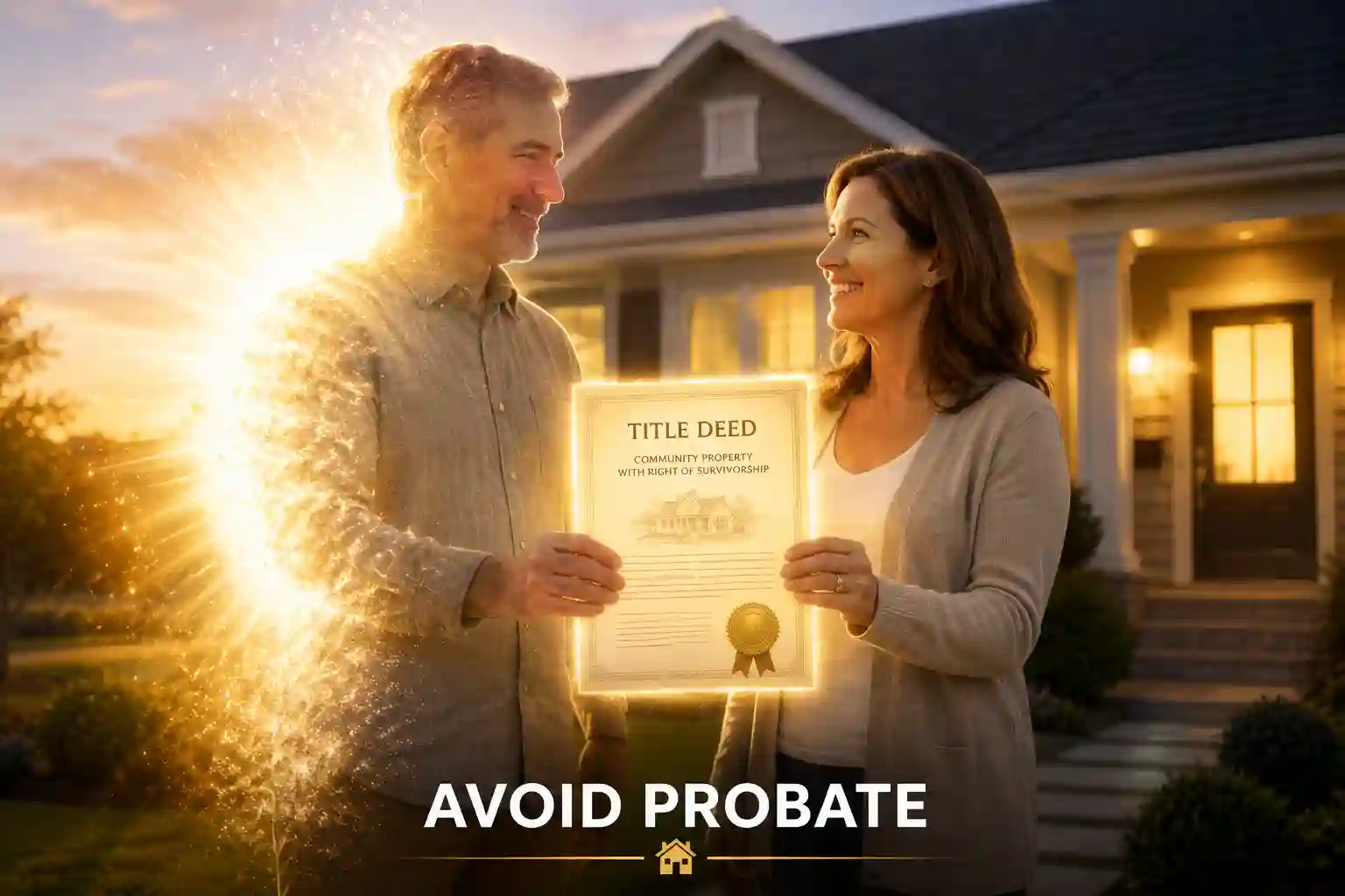 - Graystone Investment Group Happy couple stands in front of their home, smiling and holding a glowing framed title deed as a banner reads 'Avoid Probate'.
