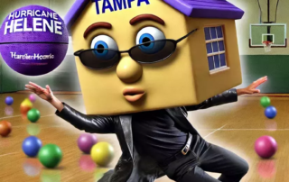 Tampa" dodging the ball labeled "Hurricane Helene" in a Matrix-style slow-motion bullet effect.