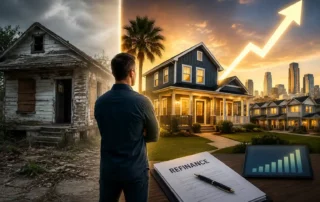 Man overlooks a split scene: a dilapidated house on the left and a modern home on the right, signaling refinancing and growth.
