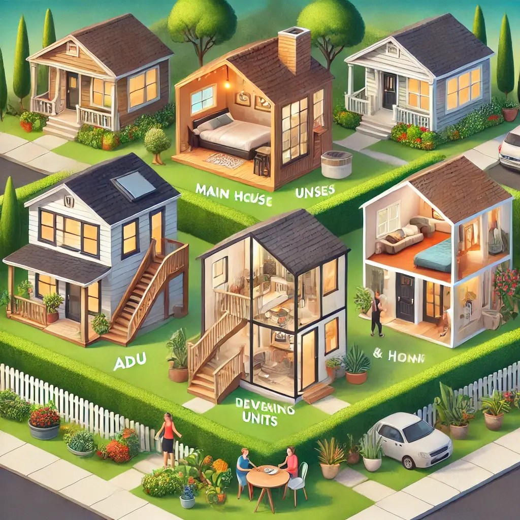 Here is the image illustrating different creative ways investors rent out ADUs and the main house. Let me know if you'd like any modifications!
