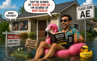 Man on a pink flamingo float in floodwater, reading Real Estate Investing for Dummies beside a 'Flood Zone AE' sign.