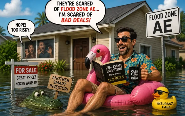 Man on a pink flamingo float in floodwater, reading Real Estate Investing for Dummies beside a 'Flood Zone AE' sign.