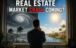 Man stands by a window, split view: stormy left and sunny right, with the headline 'REAL ESTATE MARKET CRASH COMING?' above.