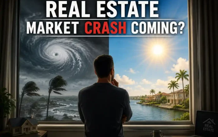 Man stands by a window, split view: stormy left and sunny right, with the headline 'REAL ESTATE MARKET CRASH COMING?' above.