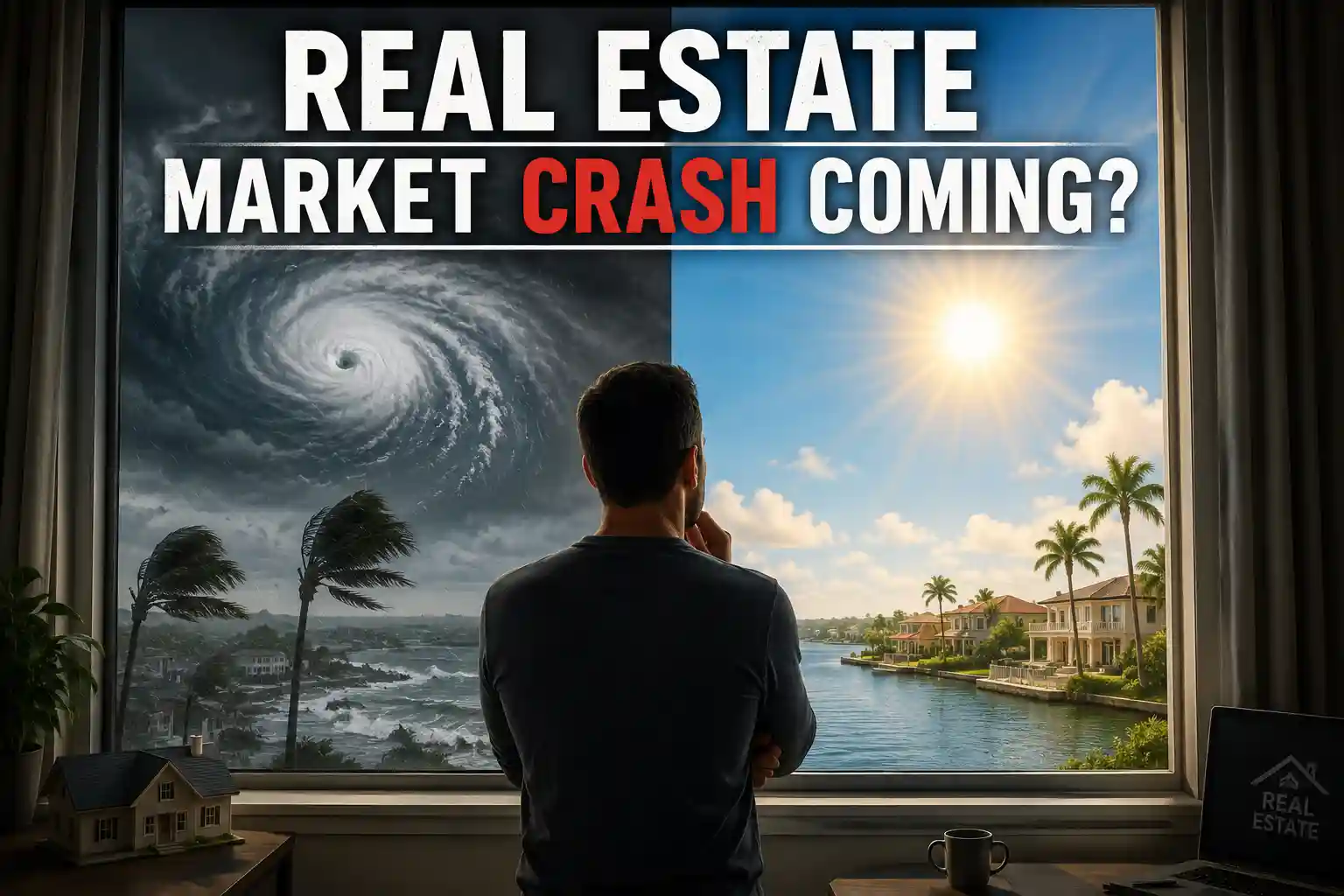 - Graystone Investment Group Man stands by a window, split view: stormy left and sunny right, with the headline 'REAL ESTATE MARKET CRASH COMING?' above.