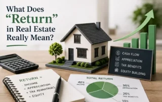 Miniature house with a growth chart and documents showing real estate return components like income, appreciation and tax benefits.