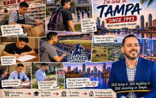 Collage showing a man’s life path in Tampa: grocery bagging, studying, working, and real estate, with the city skyline in the background.