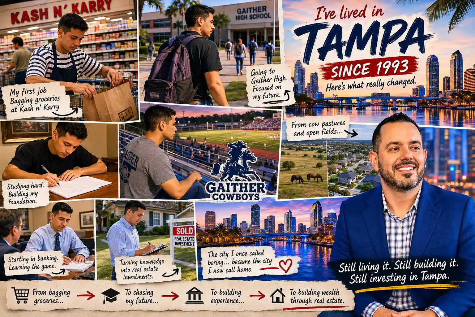 Collage showing a man’s life path in Tampa: grocery bagging, studying, working, and real estate, with the city skyline in the background.