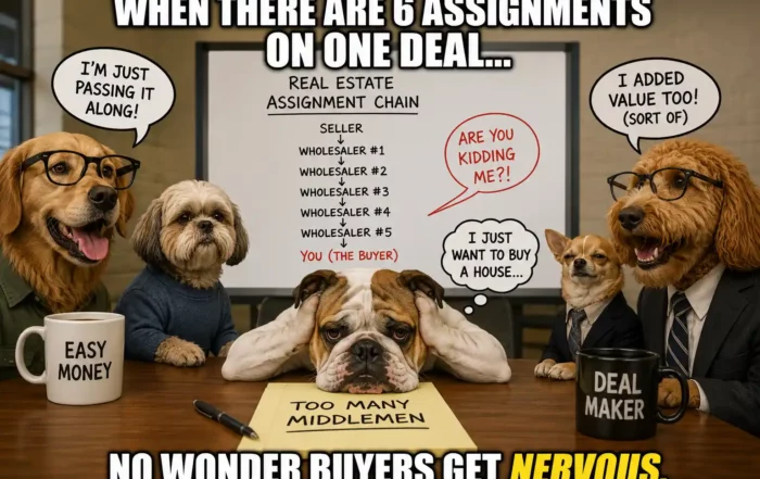 Dogs in a boardroom wearing glasses around a table, a chart titled 'Real Estate Assignment Chain' on the whiteboard, and mugs labeled Easy Money and Deal Maker; caption reads 'No wonder buyers get nervous'.