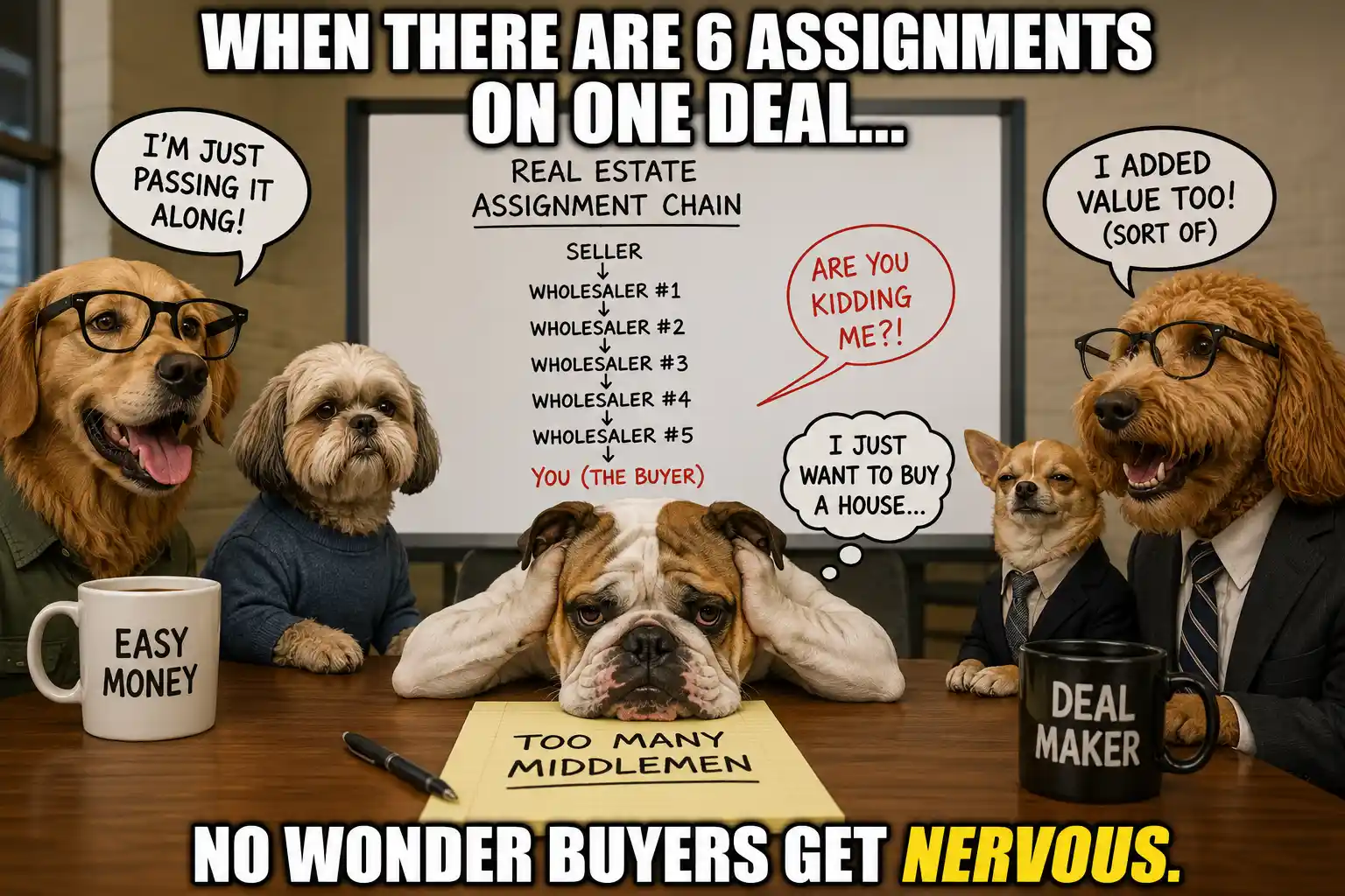 Dogs in a boardroom wearing glasses around a table, a chart titled 'Real Estate Assignment Chain' on the whiteboard, and mugs labeled Easy Money and Deal Maker; caption reads 'No wonder buyers get nervous'.