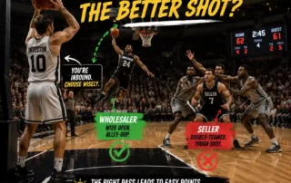 Inbound Pass Decision Player taking the ball inbound under pressure. One teammate jersey says “Wholesaler” cutting wide open for an alley-oop. Another says “Seller” standing still double-covered. Caption: Who gives you the better shot?
