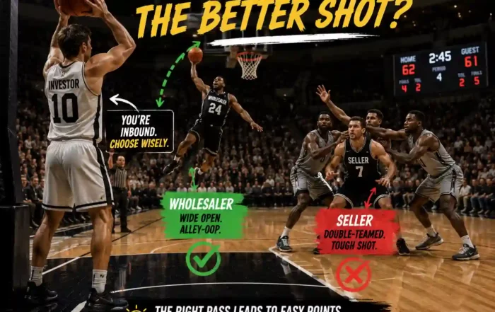 Inbound Pass Decision Player taking the ball inbound under pressure. One teammate jersey says “Wholesaler” cutting wide open for an alley-oop. Another says “Seller” standing still double-covered. Caption: Who gives you the better shot?