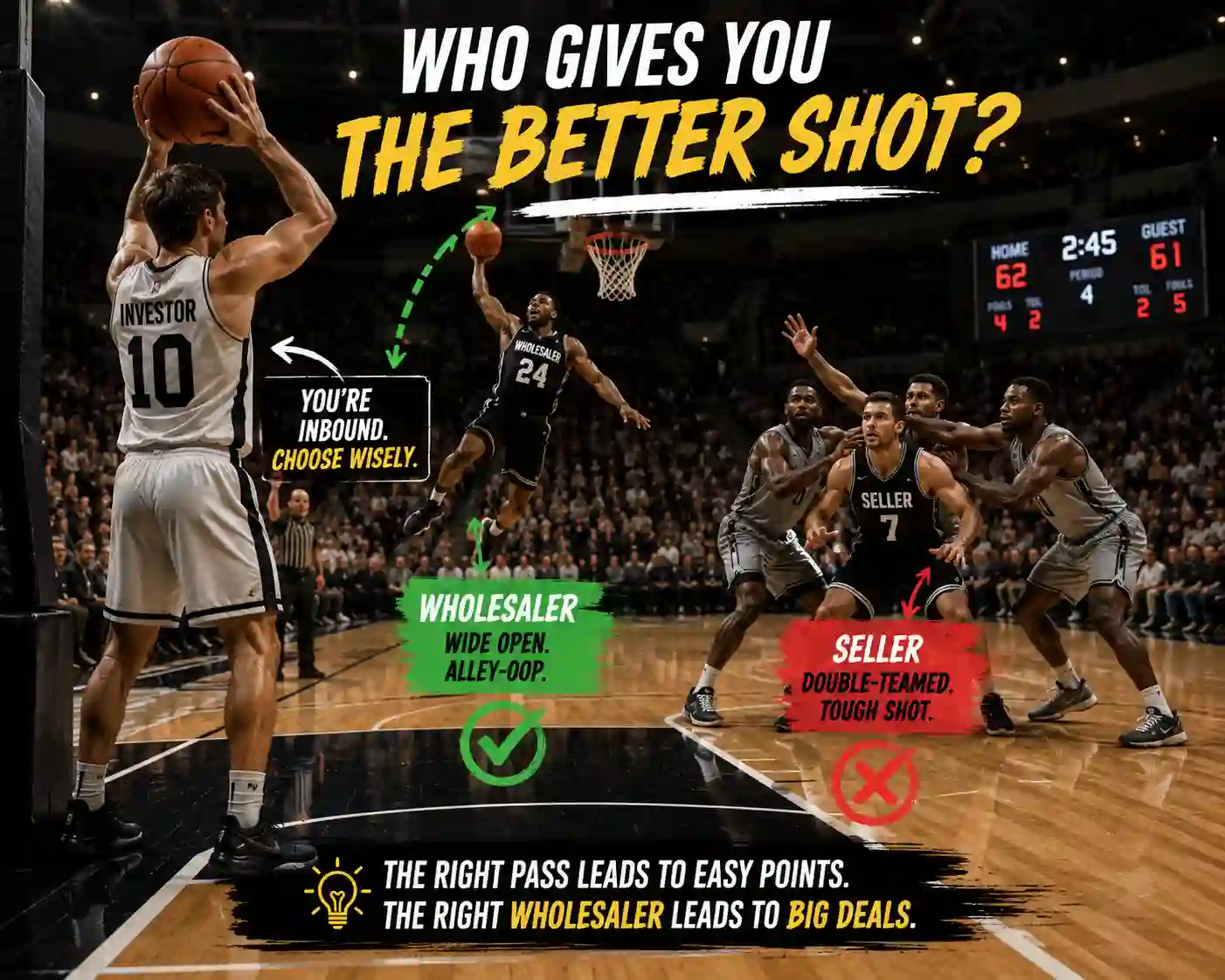 Inbound Pass Decision Player taking the ball inbound under pressure. One teammate jersey says “Wholesaler” cutting wide open for an alley-oop. Another says “Seller” standing still double-covered. Caption: Who gives you the better shot?
