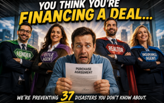 A nervous man holds a purchase agreement while four cape-wearing professionals labeled Lender, Title Agent, Realtor, and Insurance Agent stand behind him, creating a superhero team mood.