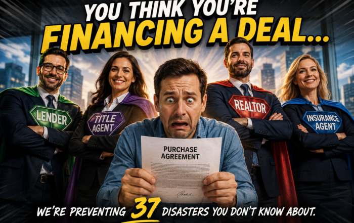 ChatGPT Image May 30 2026 10_00_47 PM - Graystone Investment Group A nervous man holds a purchase agreement while four cape-wearing professionals labeled Lender, Title Agent, Realtor, and Insurance Agent stand behind him, creating a superhero team mood.