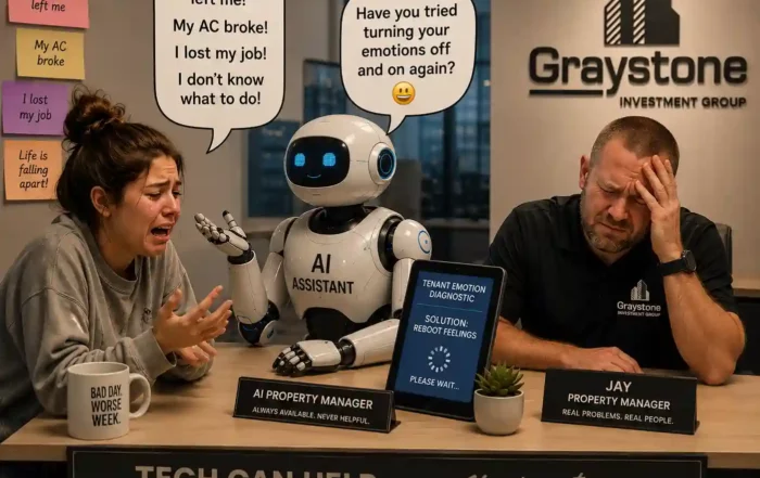 AI assistant robot mediates a tense office moment between a crying woman and a stressed man at Graystone Investment Group desk.