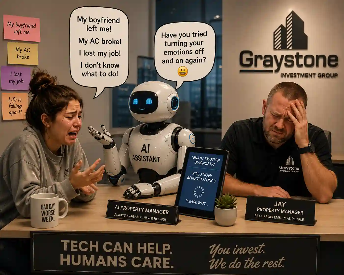 AI assistant robot mediates a tense office moment between a crying woman and a stressed man at Graystone Investment Group desk.