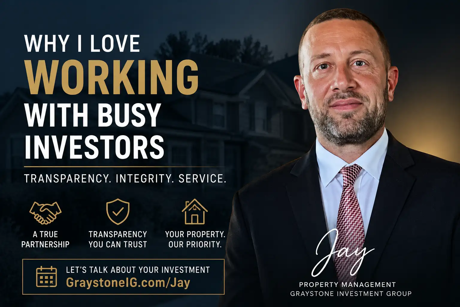 Promotional banner for a real estate firm: text on left ('Why I Love Working with Busy Investors') with icons and trust promises; man in suit on right.
