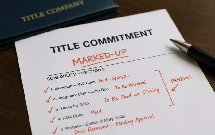 Marked up commitment - Graystone Investment Group A title commitment form with red handwritten notes, checkmarks, and a black pen on a wooden desk.