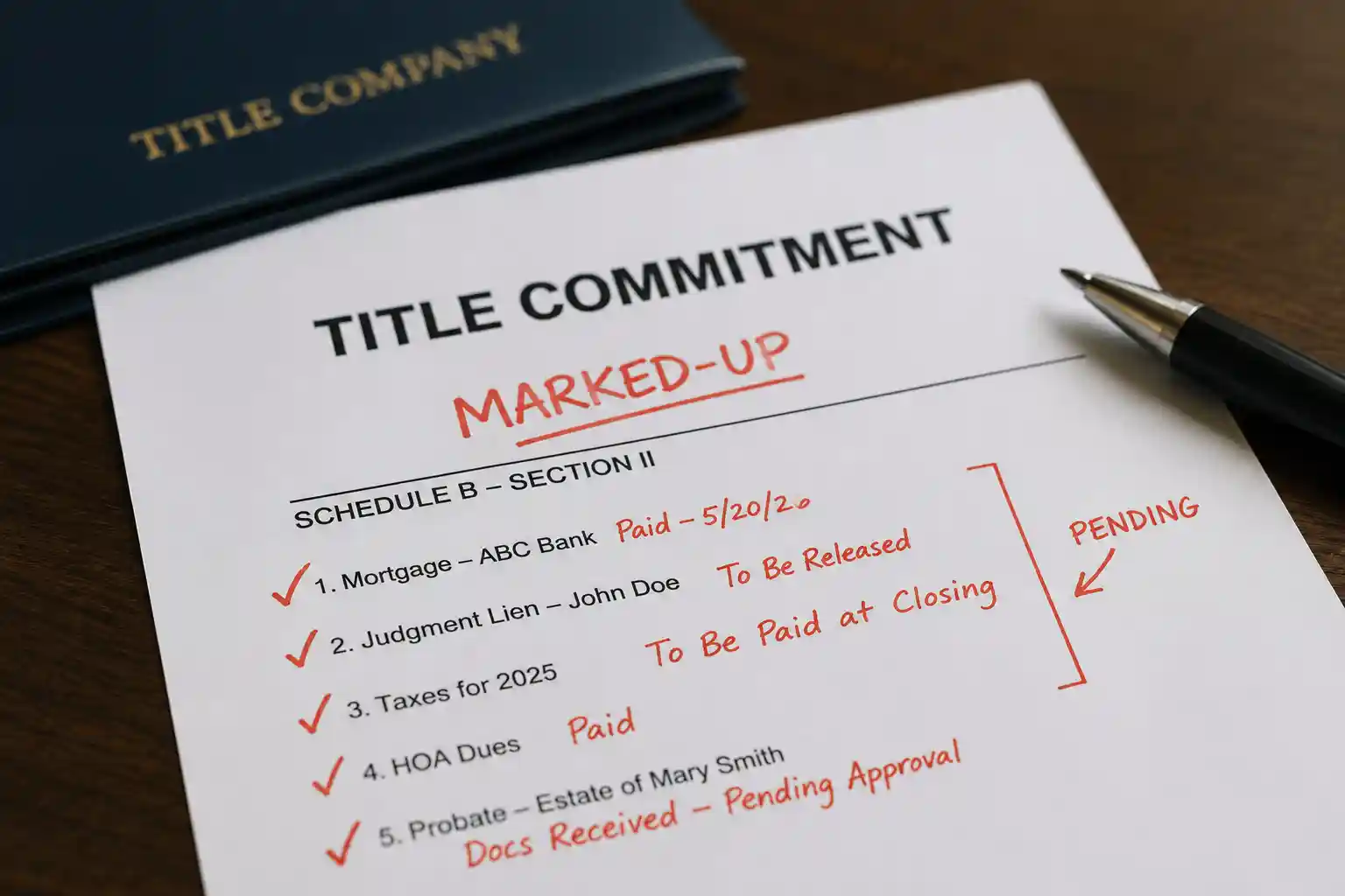 Marked up commitment - Graystone Investment Group A title commitment form with red handwritten notes, checkmarks, and a black pen on a wooden desk.