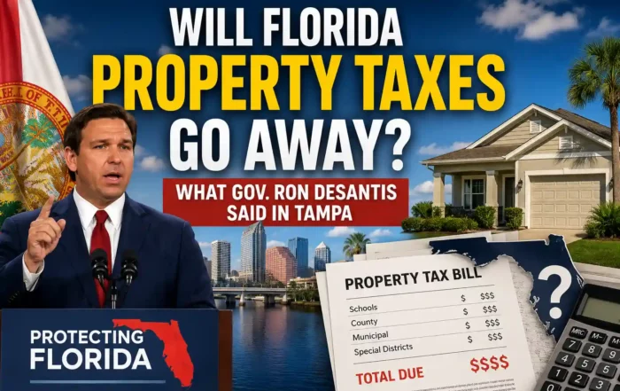 No taxes - Graystone Investment Group Politician in a suit at a podium with a Florida flag, a suburban house, and a large headline about property taxes going away.