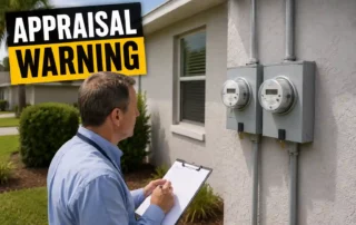 Appraiser outdoors near utility meters, taking notes, with a bold 'Appraisal Warning' sign in the background