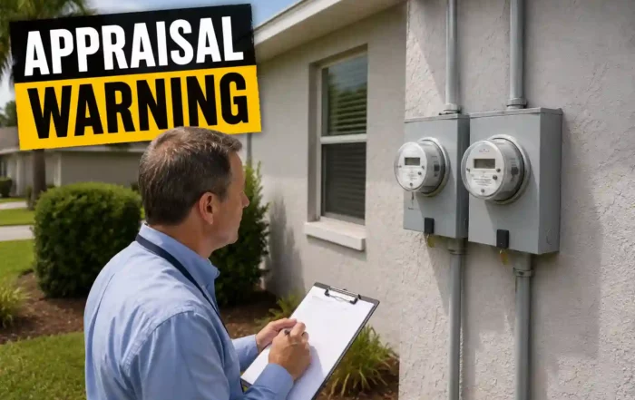 Problems - Graystone Investment Group Appraiser outdoors near utility meters, taking notes, with a bold 'Appraisal Warning' sign in the background