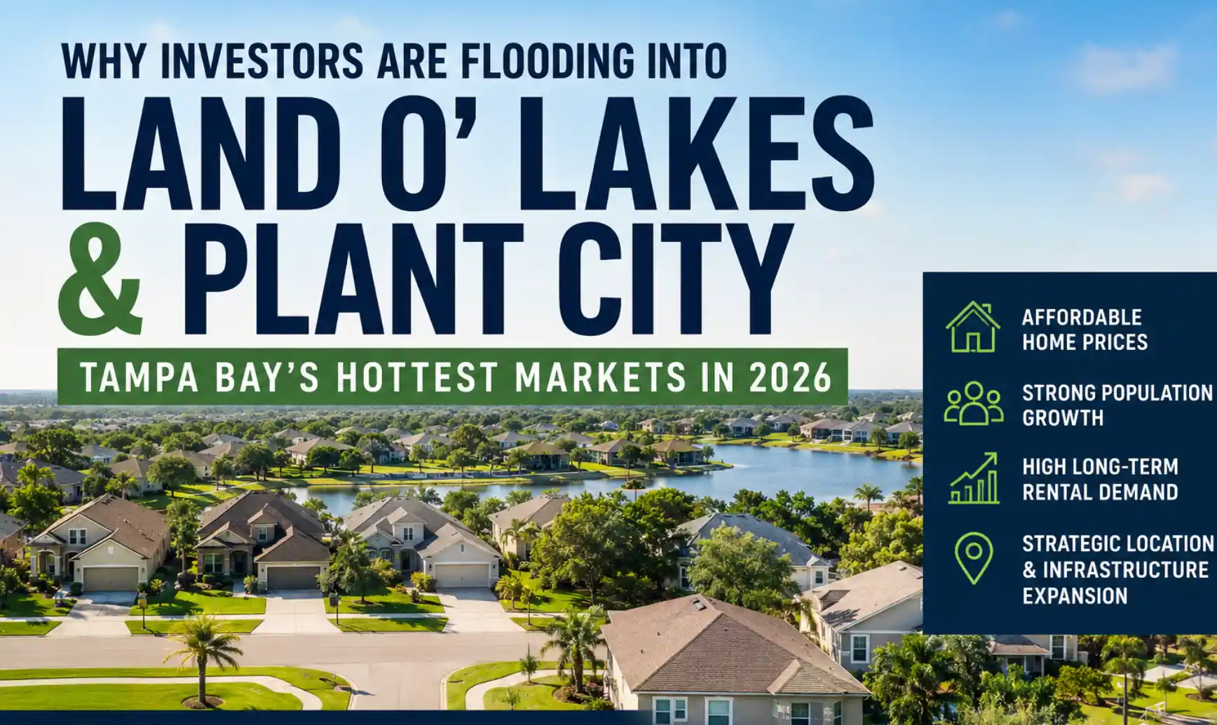 Promotional banner about investors moving to Land O’ Lakes and Plant City, highlighting prices, growth, and rentals.