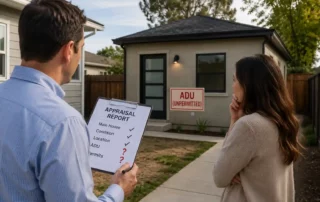 Inspector shows a clipboard titled 'Appraisal Report' to a couple outside a small house; a red 'ADU (UNPERMITTED)' sign is on the wall behind them.
