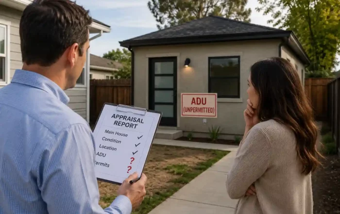 - Graystone Investment Group Inspector shows a clipboard titled 'Appraisal Report' to a couple outside a small house; a red 'ADU (UNPERMITTED)' sign is on the wall behind them.