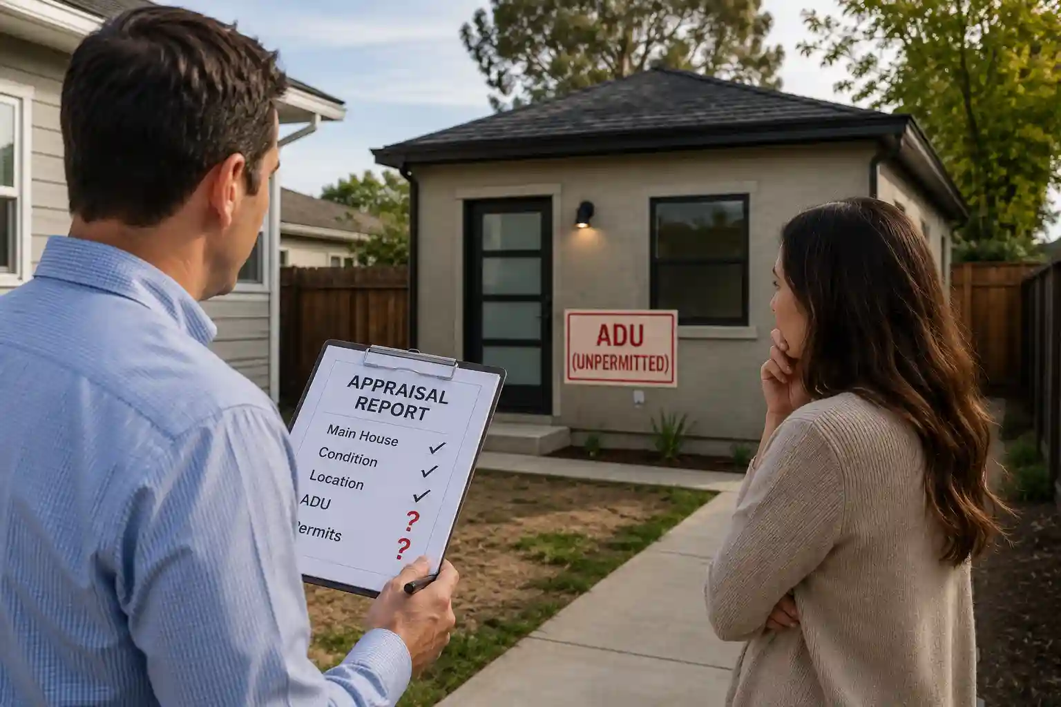 Inspector shows a clipboard titled 'Appraisal Report' to a couple outside a small house; a red 'ADU (UNPERMITTED)' sign is on the wall behind them.