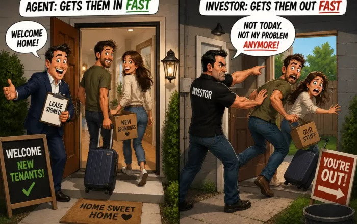 Comic-style split image: left panel with a friendly agent welcoming new tenants at the door as a couple arrives with boxes; signs read ‘Welcome New Tenants’ and ‘Home Sweet Home’. Right panel shows an angry investor grabbing the tenants and forcing them out, with a ‘You’re Out!’ sign and a box labeled ‘Our Stuff’—captioned speech bubble: ‘Not today. Not my problem anymore!’