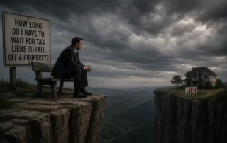 A man in a suit sits on a bench at the edge of a cliff, looking toward a house on the opposite side with a 'LIEN' sign amid dark, stormy clouds.