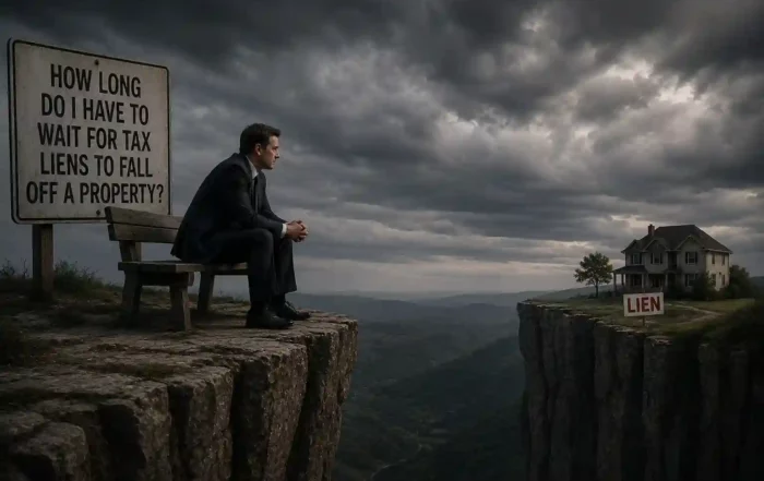 A man in a suit sits on a bench at the edge of a cliff, looking toward a house on the opposite side with a 'LIEN' sign amid dark, stormy clouds.