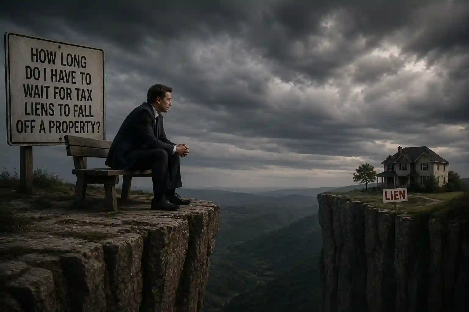 A man in a suit sits on a bench at the edge of a cliff, looking toward a house on the opposite side with a 'LIEN' sign amid dark, stormy clouds.