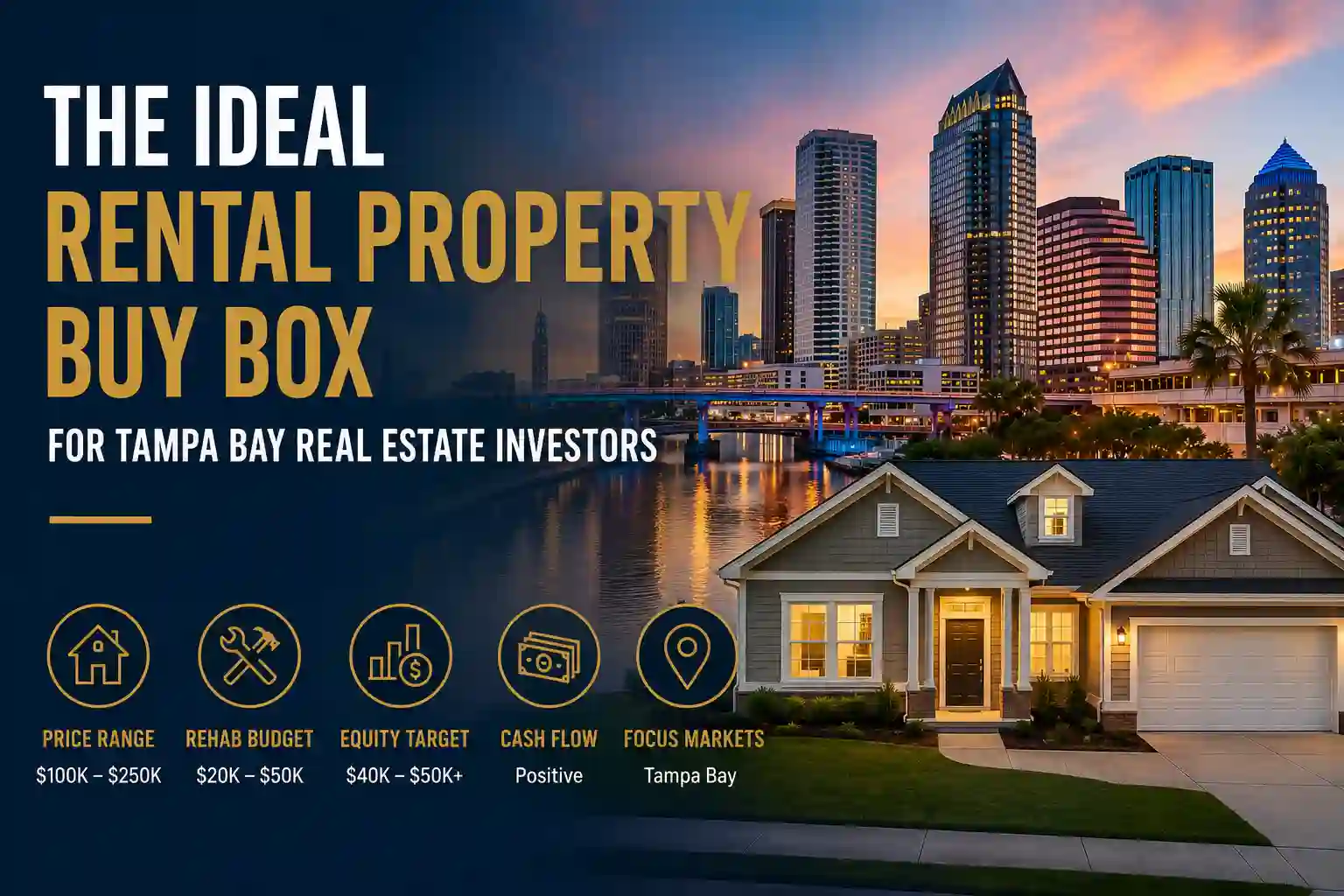 Buying box Tampa - Graystone Investment Group Banner promoting the ideal rental property buy box for Tampa Bay real estate investors, showing a city skyline and a house with key metrics: price range 0K–0K, rehab budget K–K, equity target K–K+, positive cash flow, focus on Tampa Bay markets.