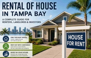 Promotional image advertising Tampa Bay house rentals, showing a front yard with a blue 'House for Rent' sign and large rental text.