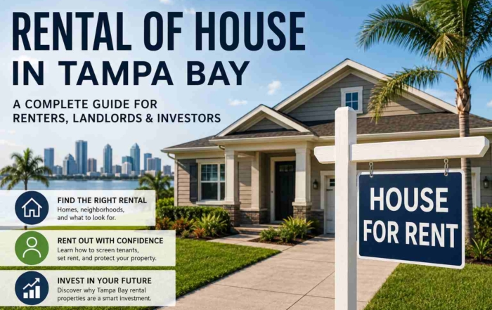 ChatGPT Image Jun 10 2026 09_36_53 PM - Graystone Investment Group Promotional image advertising Tampa Bay house rentals, showing a front yard with a blue 'House for Rent' sign and large rental text.