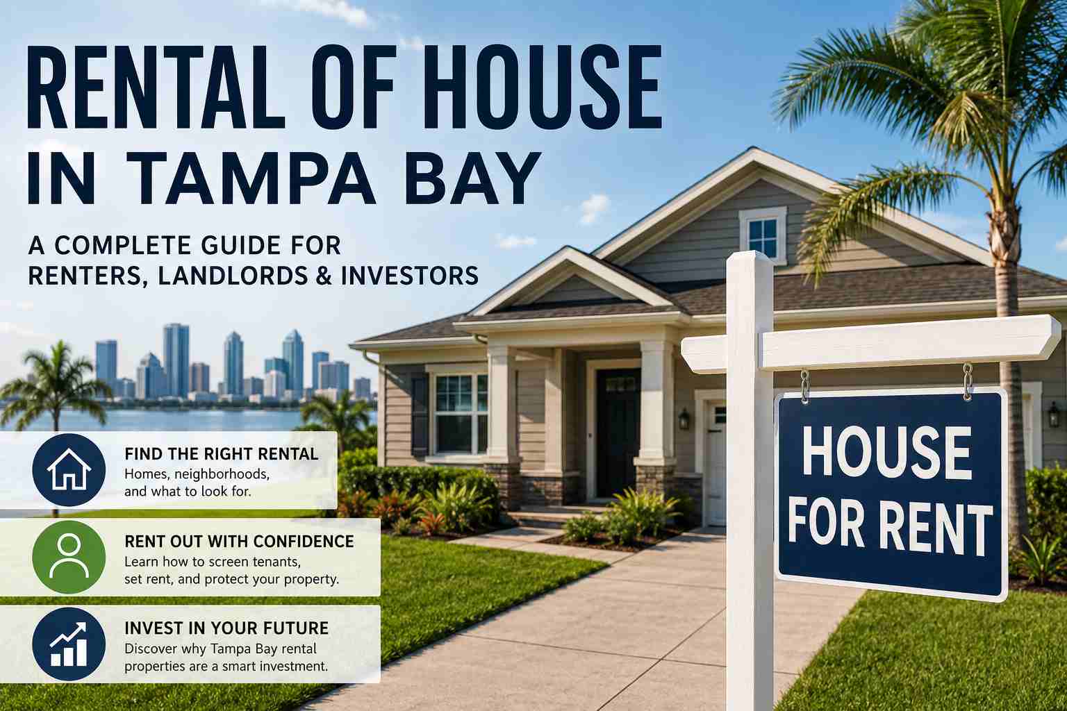 Promotional image advertising Tampa Bay house rentals, showing a front yard with a blue 'House for Rent' sign and large rental text.