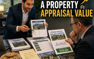 Two businessmen in a meeting review property reports and charts on a cluttered desk, with cookies in the foreground under a promotional banner about increasing appraisal value.