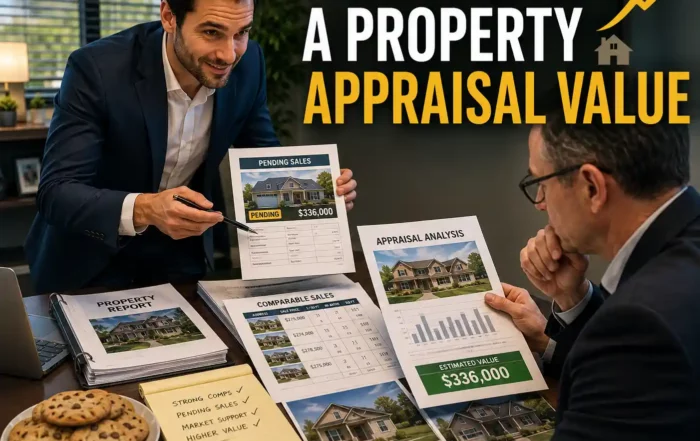 Two businessmen in a meeting review property reports and charts on a cluttered desk, with cookies in the foreground under a promotional banner about increasing appraisal value.