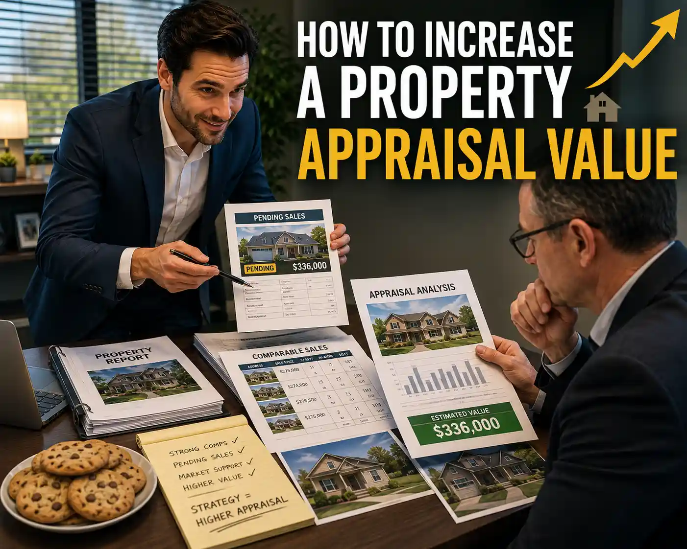 Get a higher value appraisal - Graystone Investment Group Two businessmen in a meeting review property reports and charts on a cluttered desk, with cookies in the foreground under a promotional banner about increasing appraisal value.